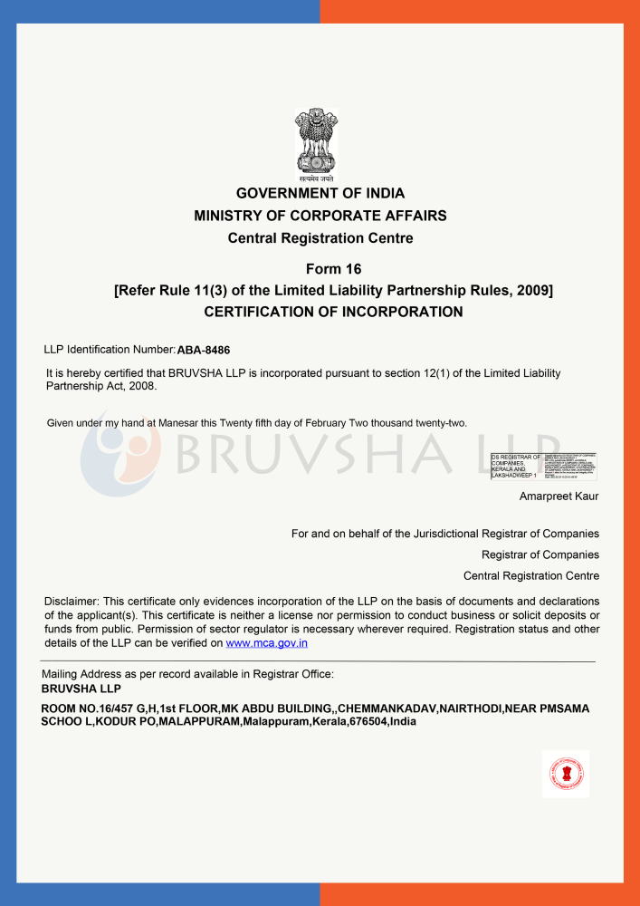 Certificate Of Incorporation bruvsha kerala LLP